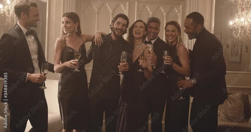 Diverse group of people holding glasses of wine and looking at camera smiling. Group of friends having fun celebrating a party together.
