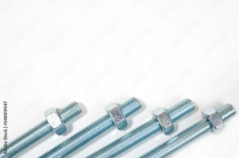 Bolts, steel galvanized with hex heads on white background Bolts, steel galvanized with hex heads on white background