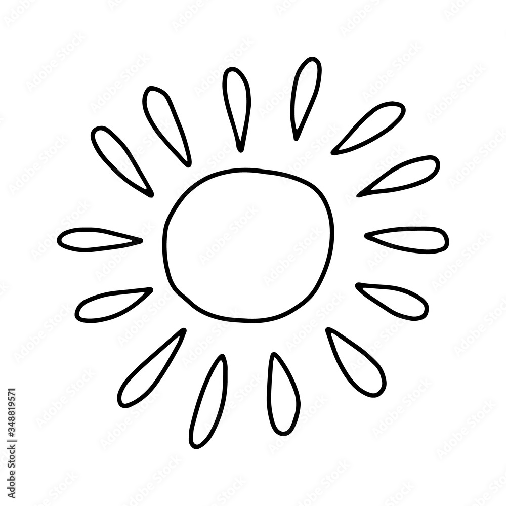 The sun is drawn in the Doodle style.Outline drawing by hand.Black and white image.Monochrome.Warmth and travel, recreation.Vector illustration. The sun is drawn in the Doodle style.Outline drawing by hand.Black and white image.Monochrome.Warmth and travel, recreation.Vector illustration.