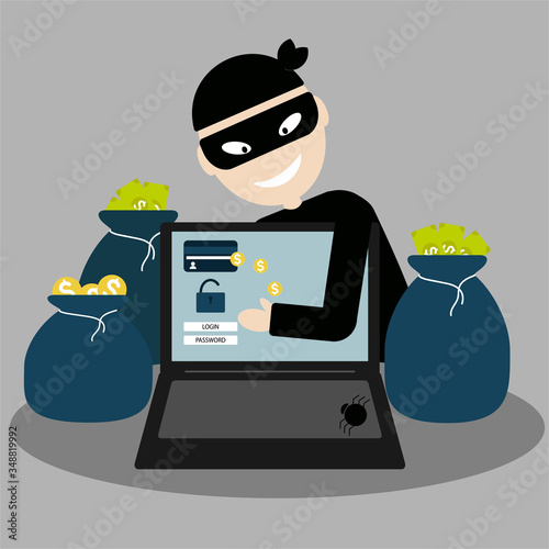 A hacker steals money, confidential data, personal information, and a credit card from a laptop computer. Internet phishing concept.