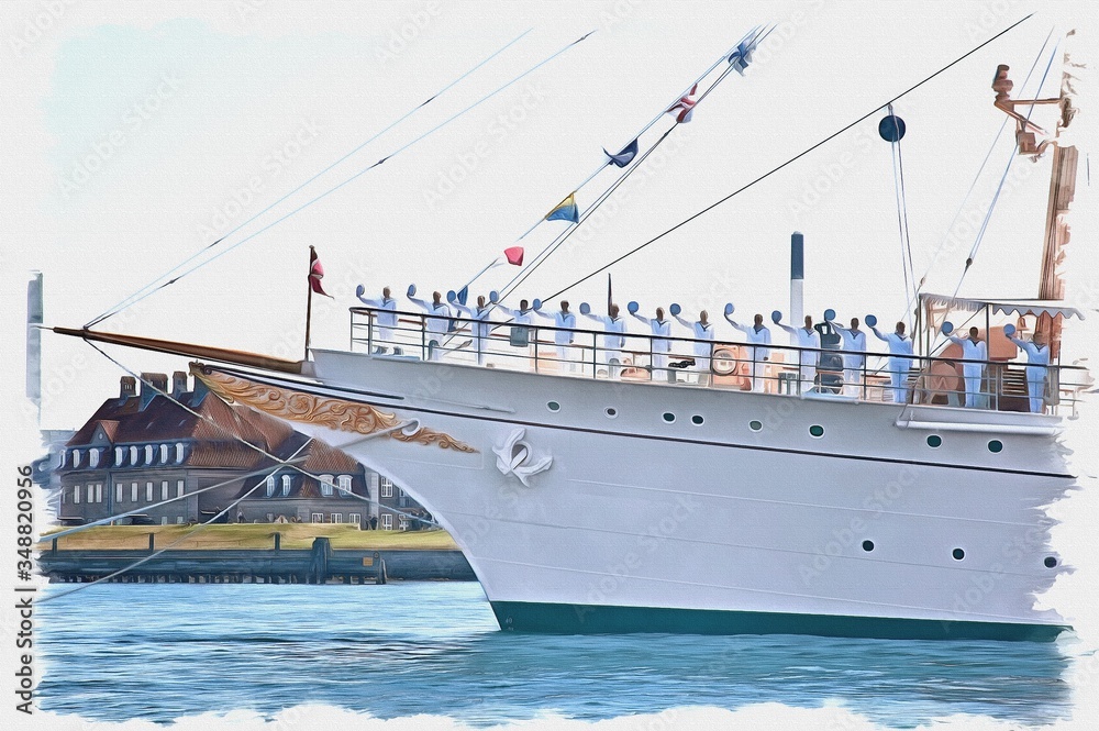 Naklejka premium Yacht is waiting for the Queen of Denmark. Imitation of a picture. Oil paint. Illustration