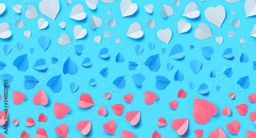 Russia flag seamless pattern lined with paper cut out hearts in traditional colors white, blue, red. Russia Day, public holiday, June 12, patriotism.