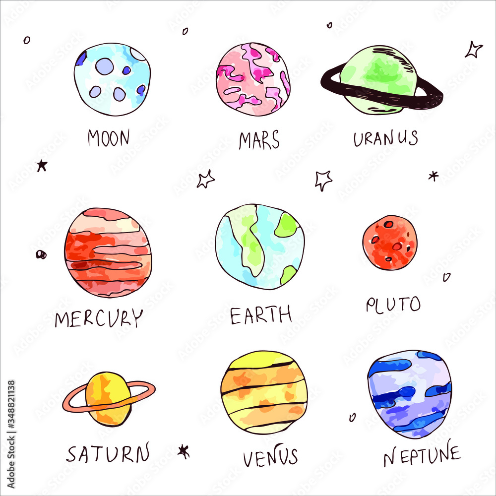 Vector hand drawn watercolor planets collection.