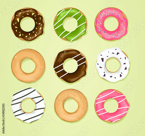 Set of nine donuts with white, pink, chocolate and green tea glaze and sprinkles isolated on a brown background. Vector illustration.