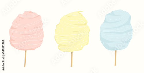 Cotton candy in different colors pink, blue and yellow. Fair sweet street food for kids made with sugar. Flat style hand drawn vector design.