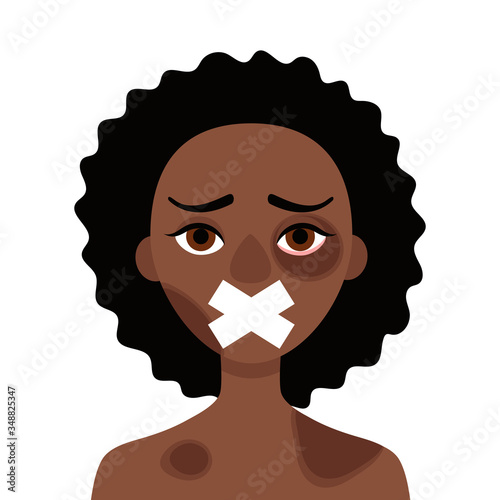 Sad african woman with bruises and wounds with a closed mouth on a white background.Concept of domestic violence, sexual abuse in the family, bullying, silence and fear .Vector cartoon illustration