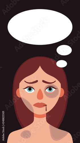 Sad woman with bruises and wounds speech bubble on dark background.Concept of domestic violence, sexual abuse in family, bullying,aggression women.Vector cartoon illustration.Story format social media