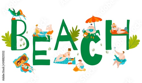 Beach body positive plus size women in bikini, swimming suits sun bathing, flat big letters vector illustration isolated on white. Beach overweight people on sea resort vacation.