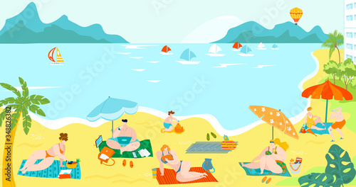 Body positive people on sea beach resort in summer in swimsuits sun bathing on sand, palms and yachts in sea flat vector illustration. Beach overweight people on sea resort vacation.