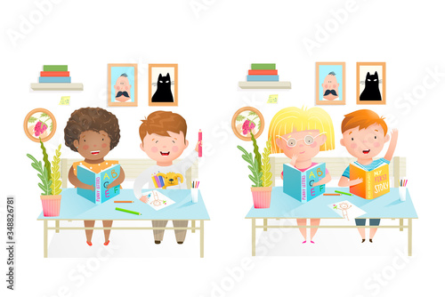 Elementary schoolchildren sitting at the desk, studying, reading books and drawing with color pencils. Cute kids education, classroom illustration. Watercolor style vector cartoon.