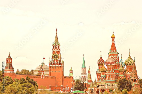 Illustration: Moscow's kremlin. View of the Spasskaya tower and St. Basil's Cathedral. The City Of Moscow, Russia