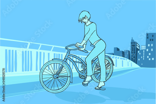Ilustración de una chica junto a una bicicleta con la ciudad al fondo