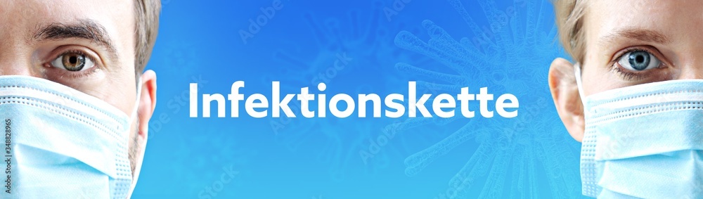 Infektionskette. Gesichter von Mann und Frau mit Mundschutz. Paar mit Maske vor blauen Hintergrund mit Text. Virus, Atemmaske, Corona Infektionskette. Gesichter von Mann und Frau mit Mundschutz. Paar mit Maske vor blauen Hintergrund mit Text. Virus, Atemmaske, Corona