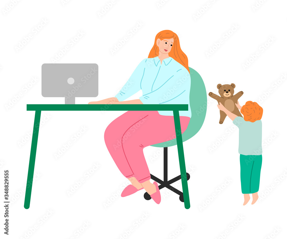Fototapeta premium Young freelance woman working at home with her little children. Vector illustration in cartoon style.