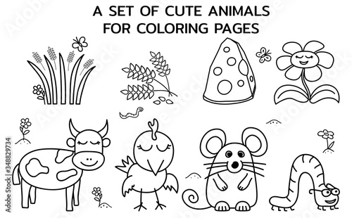 Fototapeta Naklejka Na Ścianę i Meble -  A set of cute farm animals. Templates for childrens Coloring Pages, books and education games. Vector