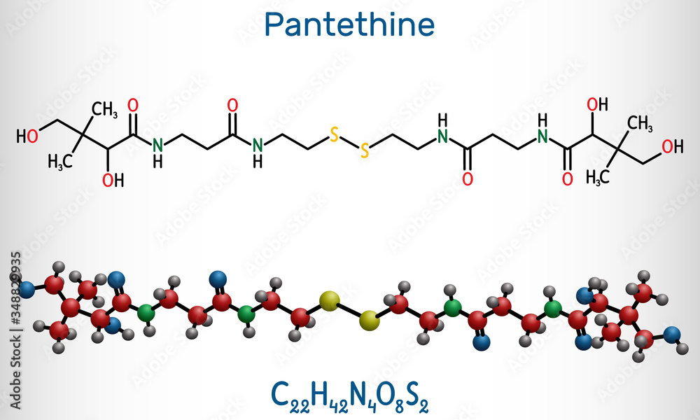 Pantethine, сo-enzyme pantethine, bis-pantethine molecule. It is is dimeric form of pantetheine. Is supplement for lowering blood cholesterol. Structural chemical formula and molecule model
