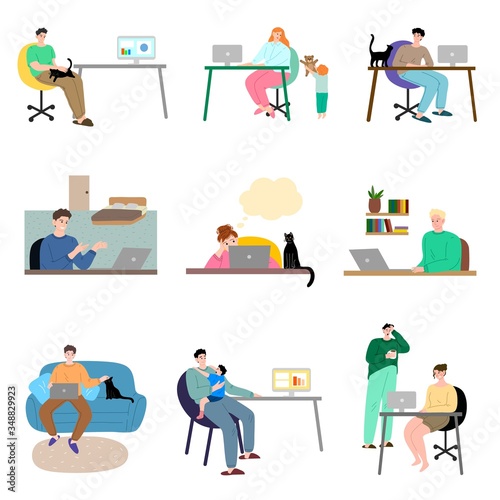 Set of freelance men and women working at home on the laptop. Vector illustration in the flat cartoon style.
