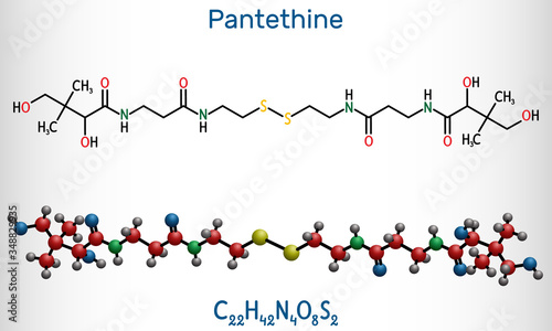 Pantethine, сo-enzyme pantethine, bis-pantethine molecule. It is is dimeric form of pantetheine. Is supplement for lowering blood cholesterol. Structural chemical formula and molecule model
