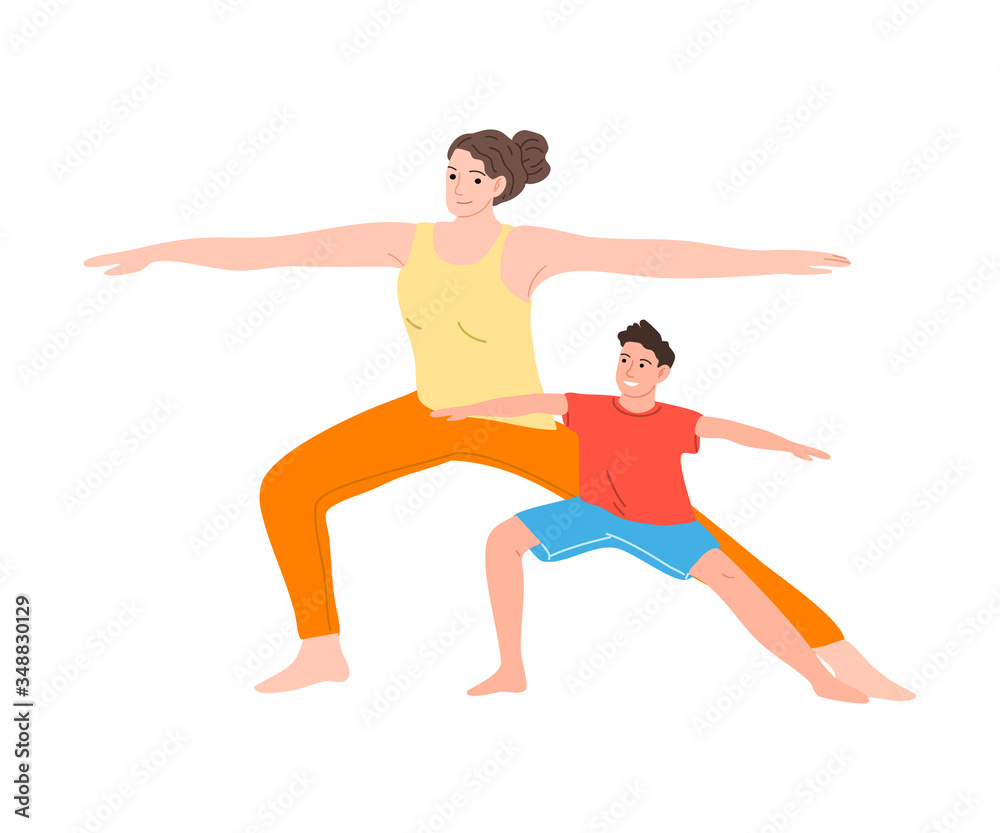 Fototapeta premium Happy smiling mother and son doing yoga exercise together. Vector illustration in cartoon style.