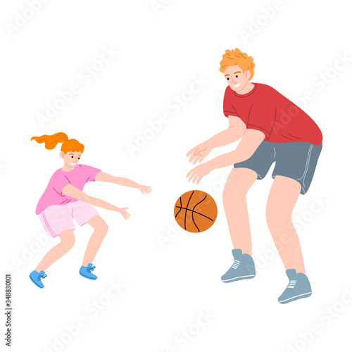 Happy father with daughter playing basketball. Vector illustration in flat cartoon style. © greenpicstudio