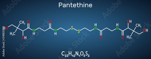 Pantethine, сo-enzyme pantethine, bis-pantethine molecule. It is is dimeric form of pantetheine. Is supplement for lowering blood cholesterol. Structural chemical formula on the dark blue background