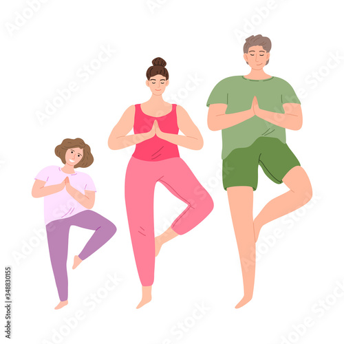 Happy family mother, father, and daughter doing yoga exercise tree pose. Vector illustration in cartoon style.