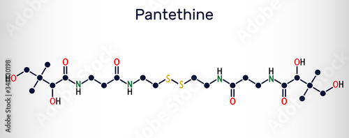 Pantethine, сo-enzyme pantethine, bis-pantethine molecule. It is is dimeric form of pantetheine. Is supplement for lowering blood cholesterol. Skeletal chemical formula