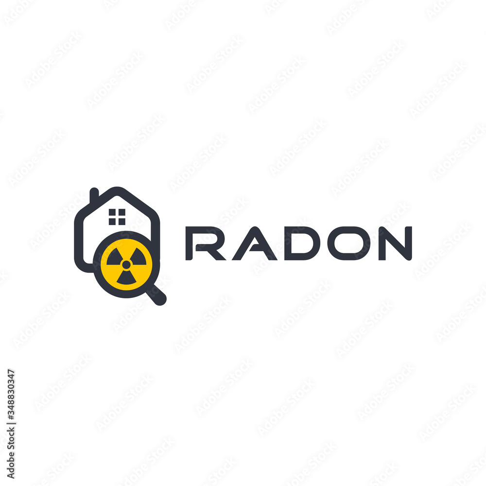 Radon first alert kit logo. Poisonous gas home detection logotype. Rn remediation, house safety icon. Dangerous chemical element testing.