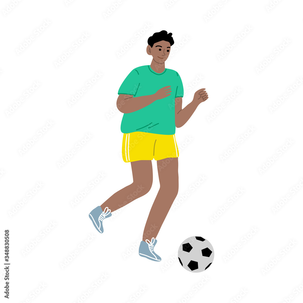 Soccer player boy in a green t-shirt running with the ball. Vector illustration in flat cartoon style.