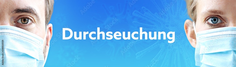 Durchseuchung. Gesichter von Mann und Frau mit Mundschutz. Paar mit Maske vor blauen Hintergrund mit Text. Virus, Atemmaske, Corona Durchseuchung. Gesichter von Mann und Frau mit Mundschutz. Paar mit Maske vor blauen Hintergrund mit Text. Virus, Atemmaske, Corona