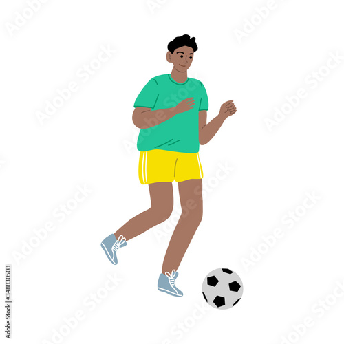 Soccer player boy in a green t-shirt running with the ball. Vector illustration in flat cartoon style.