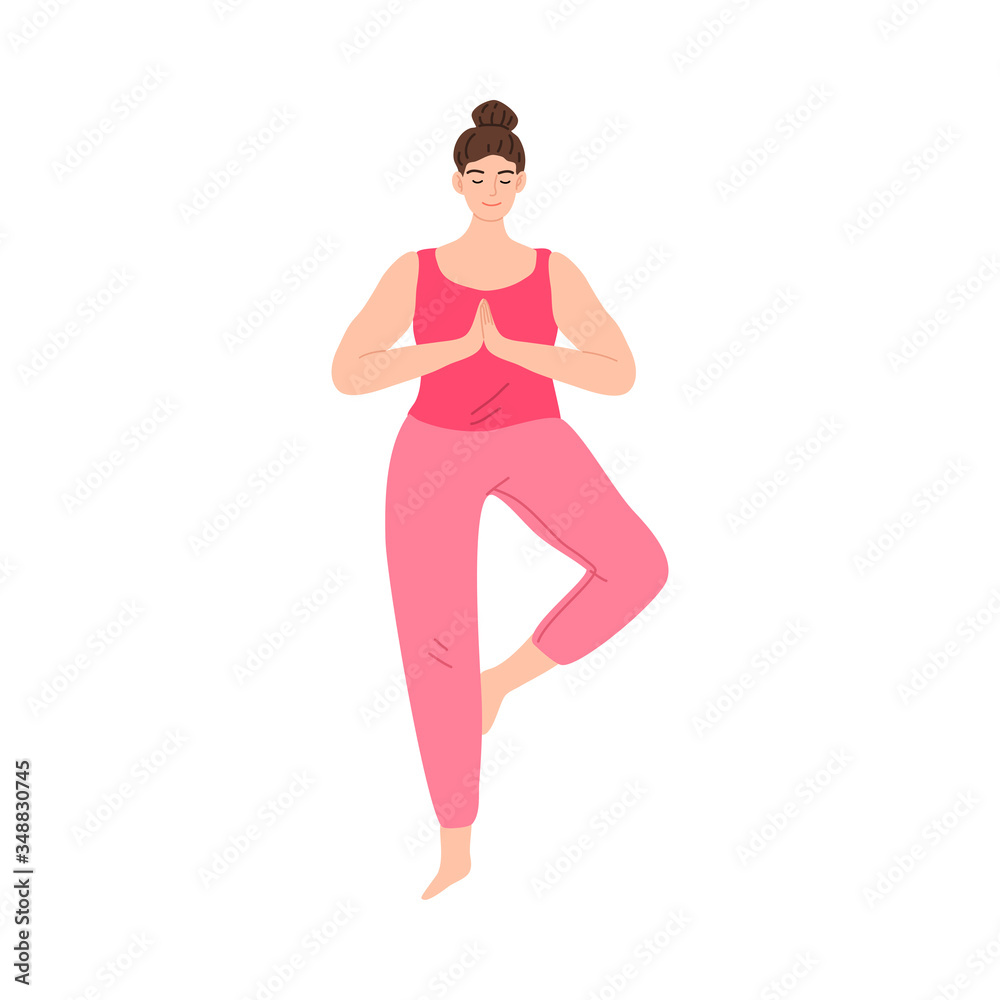 Happy smiling girl in red clothes doing yoga asana exercise tree pose. Vector illustration in cartoon style. Happy smiling girl in red clothes doing yoga asana exercise tree pose. Vector illustration in cartoon style.