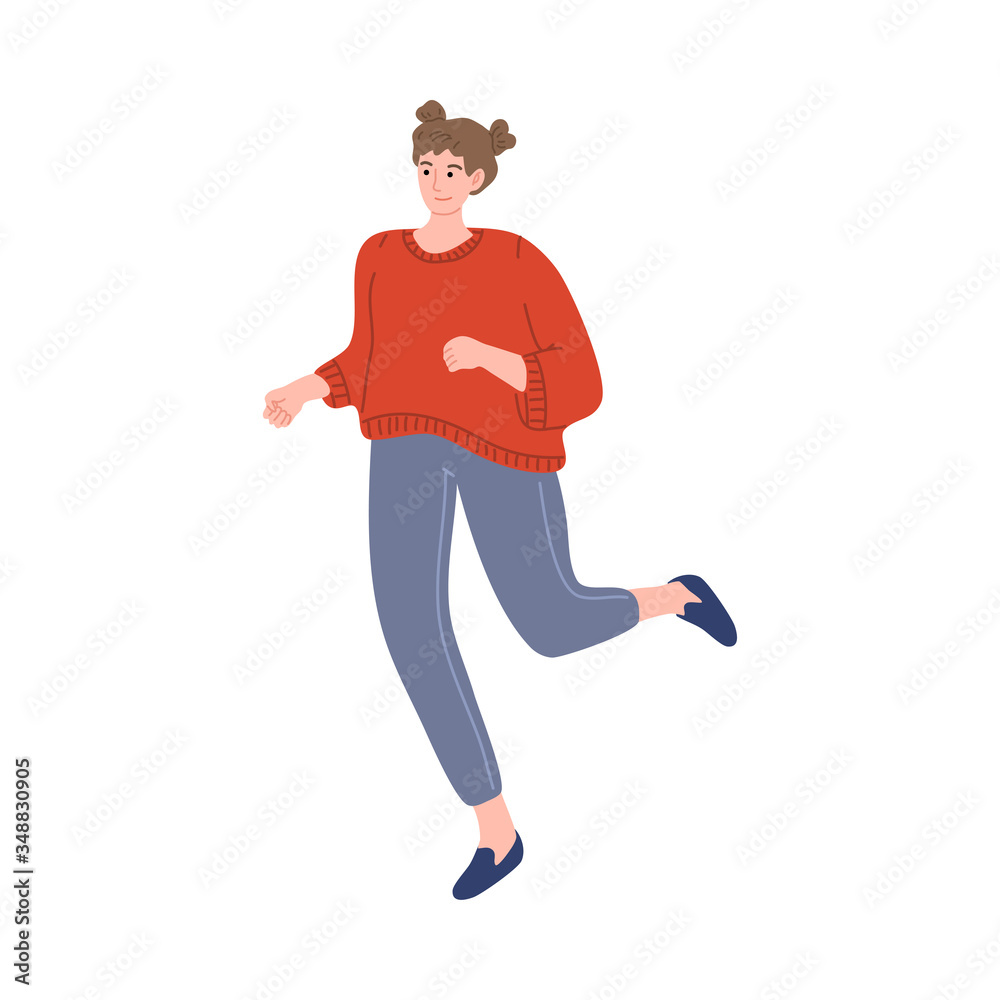 Happy smiling brown-haired girl running in a redshirt. Healthy lifestyle. Vector illustration in cartoon style Happy smiling brown-haired girl running in a redshirt. Healthy lifestyle. Vector illustration in cartoon style