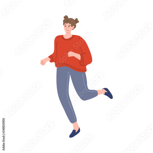 Happy smiling brown-haired girl running in a redshirt. Healthy lifestyle. Vector illustration in cartoon style