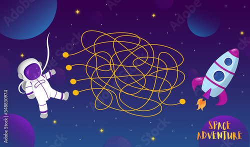 Space adventure game. Graphic user interface. Template for children board game. Vector background with funny and cute planets.