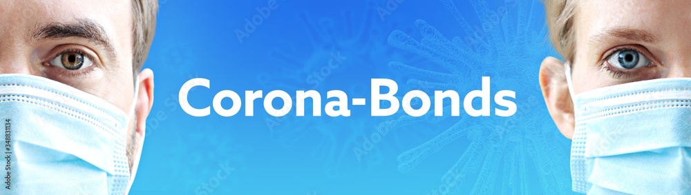 Corona-Bonds. Gesichter von Mann und Frau mit Mundschutz. Paar mit Maske vor blauen Hintergrund mit Text. Virus, Atemmaske, Corona