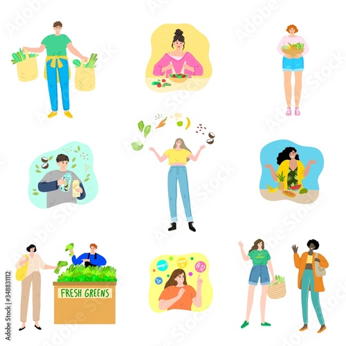 Set of different vegetarian people with natural, organic, eco foods. Vector illustration in flat cartoon style.