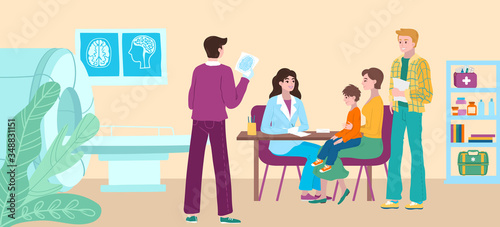 Doctors office appointment, medical checkup patient child in hospital, mother and ill child visit doctors cartoon vector illustration. Pediatricians appointment of patient and tomographic brain scan.