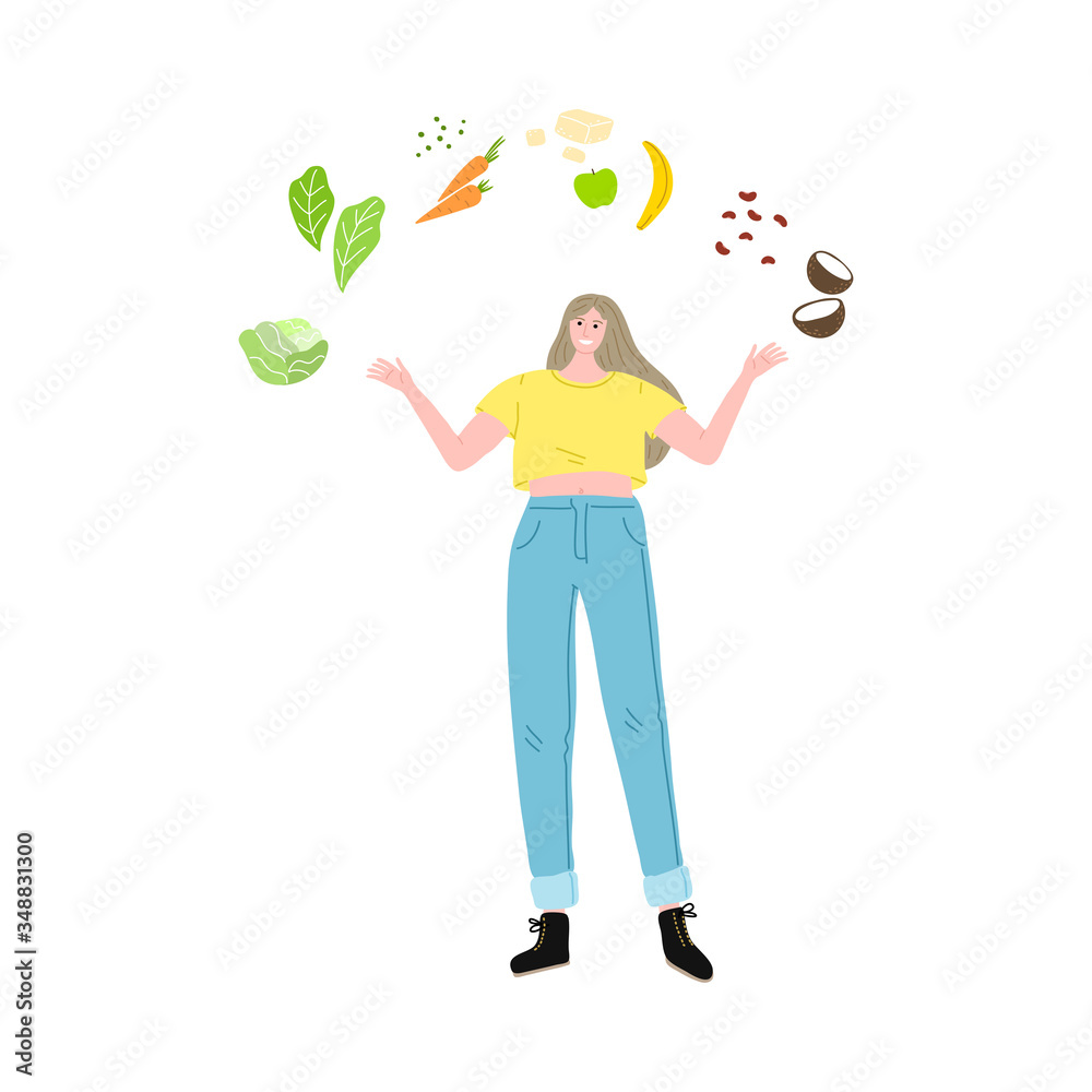 Happy smiling vegetarian girl in a yellow t-shirt with fresh vegetables and fruits. Vector illustration in cartoon style Happy smiling vegetarian girl in a yellow t-shirt with fresh vegetables and fruits. Vector illustration in cartoon style
