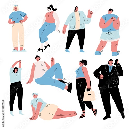 Set of body positive funny different overweight people in casual clothes. Vector illustration in flat cartoon style.