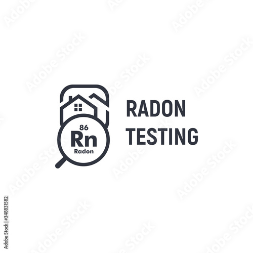 Radon testing first alert kit logotype. Home rn remediation service logo. Poisonous chemical element, gas spreading prevention icon. Black and white house and magnifying glass contour vector sign.