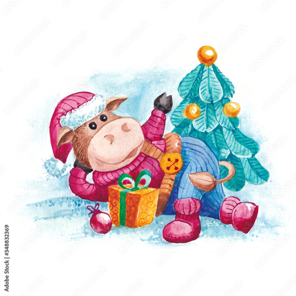 Symbol of 2021 year. Year of the bull. Funny calf lies under the Christmas tree with gifts. Watercolor illustration isolated on white. Symbol of 2021 year. Year of the bull. Funny calf lies under the Christmas tree with gifts. Watercolor illustration isolated on white.