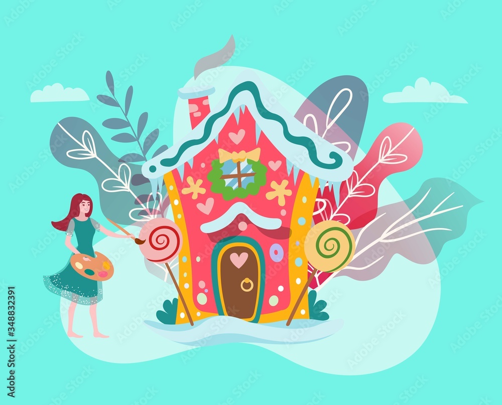 Fantastic house in fairy forest, fantasy world, fairytale and girl artist painting cartoon vector illustration isolated on white. Home for fantastical fairy creatures, dreams and magic land for kids.
