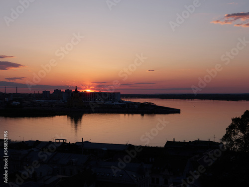 Nizhny Novgorod at sunset, view from the top of the city. Summer evening