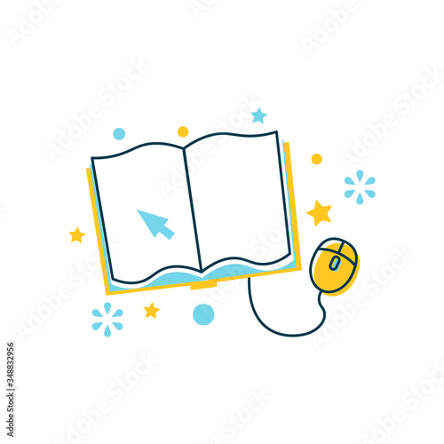 E-book, internet education, online library, book with computer mouse, electronic communication, medica service, digital encyclopedia reading, university teaching and learning on distance. Vector art