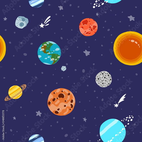 Space pattern with planets and stars. Solar 