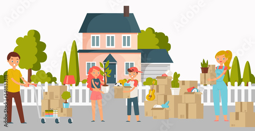 Moving new home, house or appartment people with cardboard boxes, young couple and shipping cargo delivery service workers flat cartoon illustration. Family move to new house, movement to country.