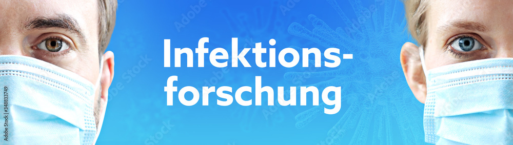 Infektionsforschung. Gesichter von Mann und Frau mit Mundschutz. Paar mit Maske vor blauen Hintergrund mit Text. Virus, Atemmaske, Corona Infektionsforschung. Gesichter von Mann und Frau mit Mundschutz. Paar mit Maske vor blauen Hintergrund mit Text. Virus, Atemmaske, Corona