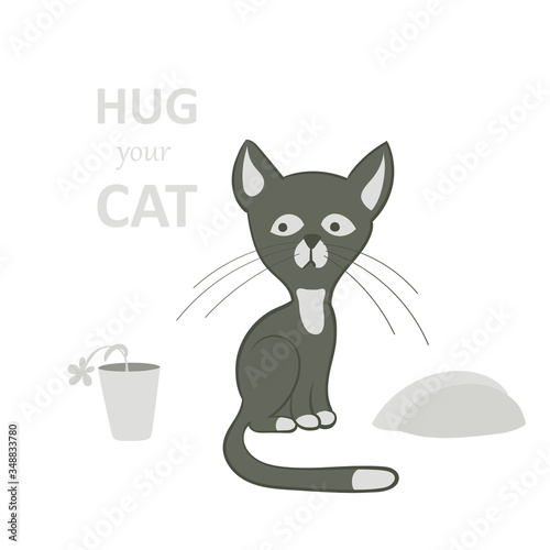 Vector illustration, a cartoon cute sad sitting gray cat on a white background with flowerpot.