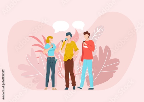 Best friends having good time together scene, talking and drinking coffee, friendship flat vector llustration isolated on pink background. Friendly students young men and woman, friendship concept.